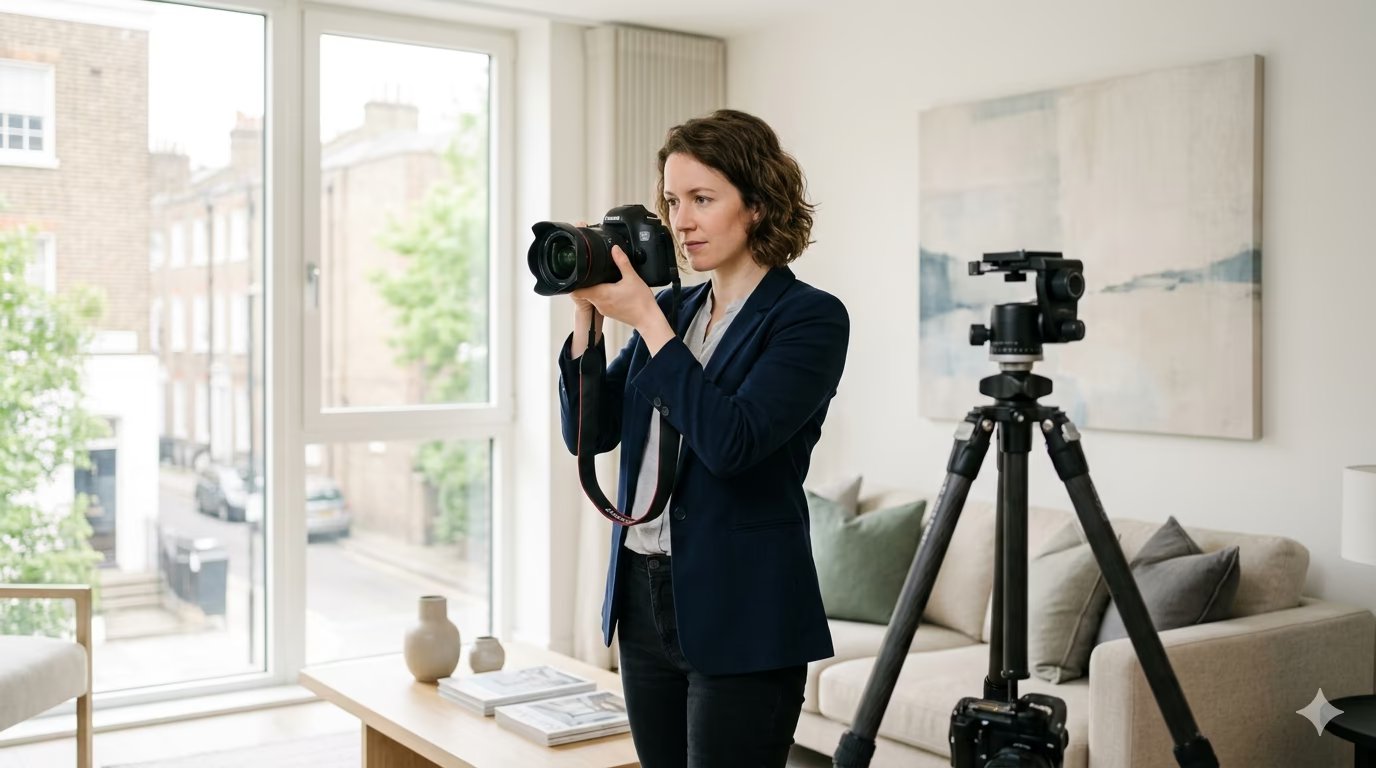 Professional property photography shoot in a bright London home prepared for a sales or rental listing